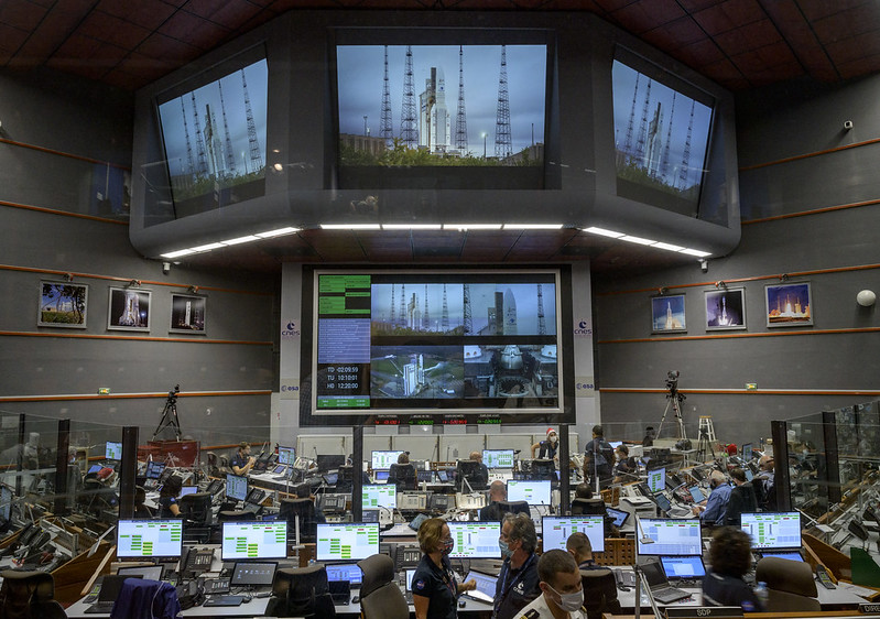 Launch teams monitor the countdown to the launch of Arianespace's Ariane 5 rocket carrying NASA’s James Webb Space Telescope, Saturday, Dec. 25, 2021, in the Jupiter Center at the Guiana Space Center in Kourou, French Guiana.<br /> Credit: NASA